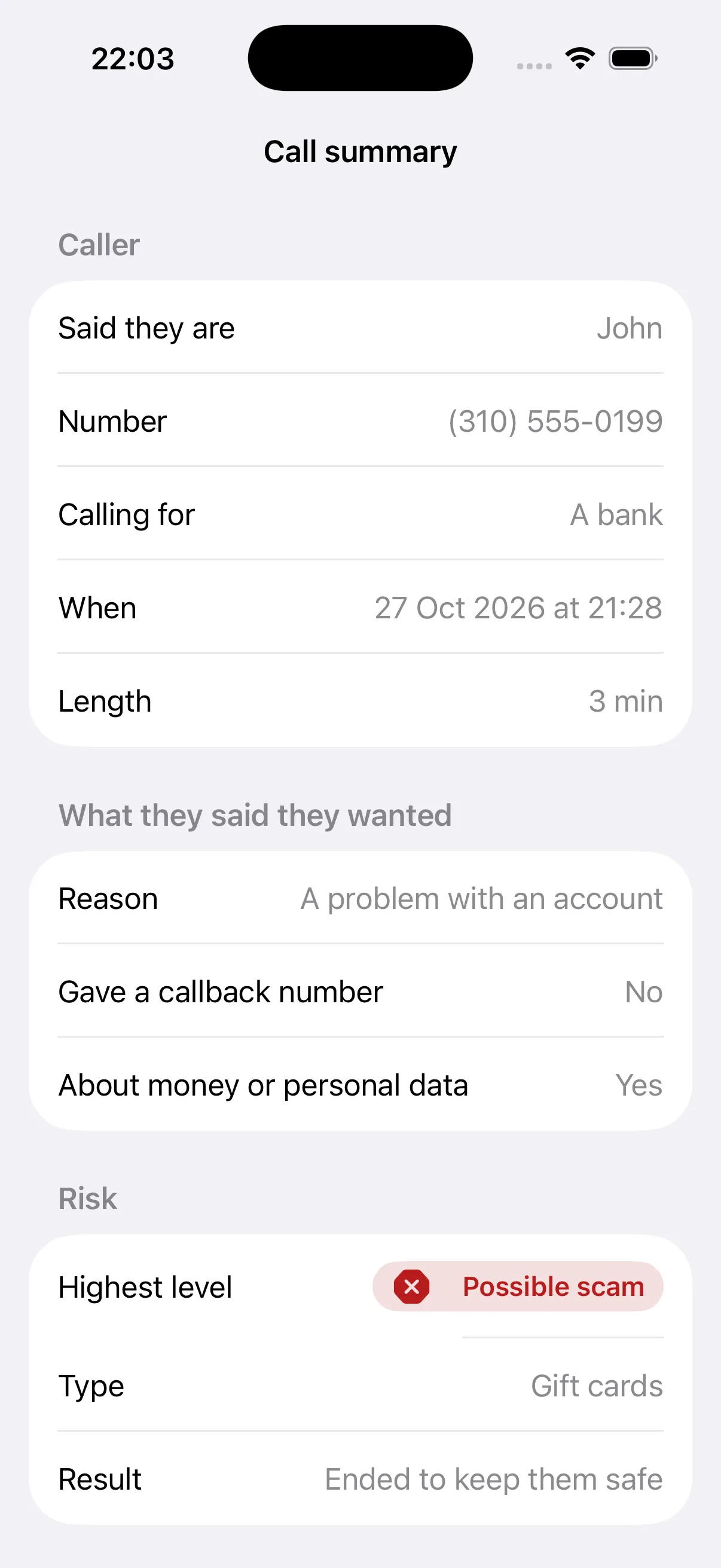 Call summary: who the caller said they were, what they wanted, and the risk level, with no transcript